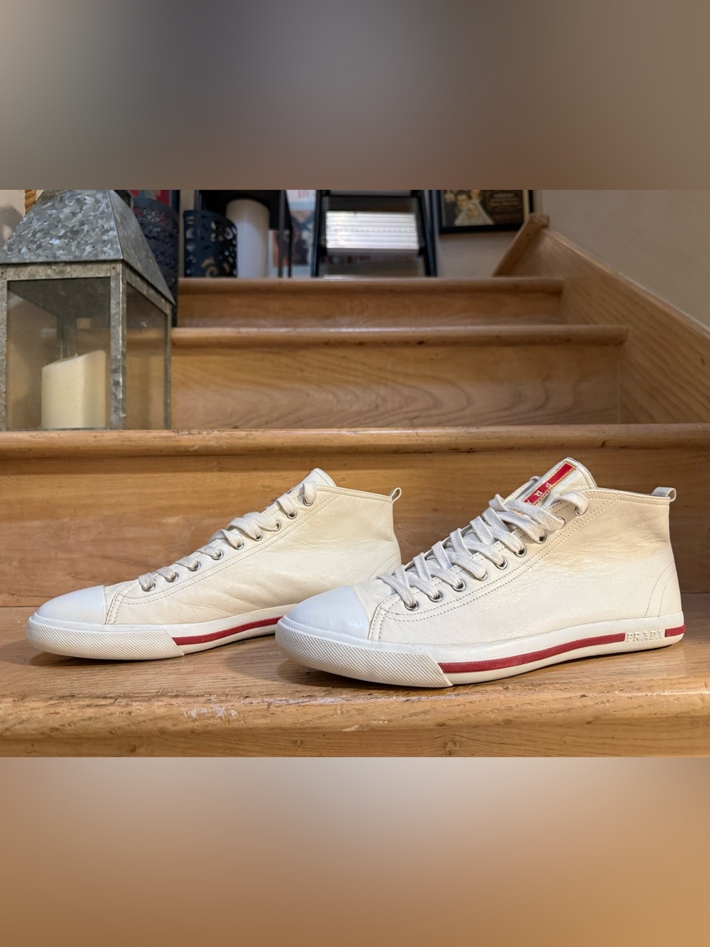 Prada Men’s Linea Rossa Red Tab Leather Mid-top Sneakers (Off-white, 10US)